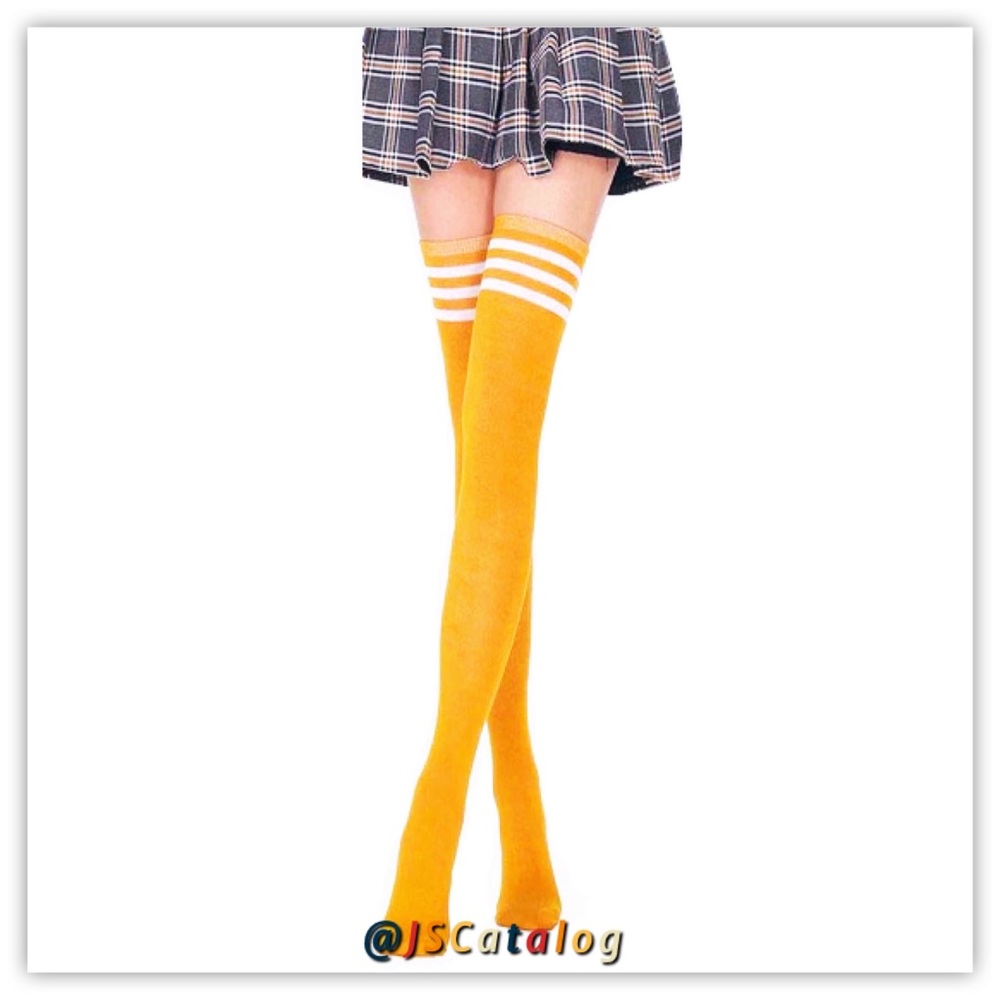 Yellow w/ White Stripes Cotton Thigh High Socks OS - Picture 2 of 5